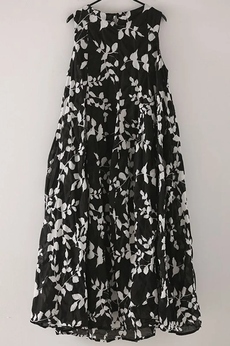 Casual Sleeveless Black Floral Dresses Women Cotton Outfits Q7319