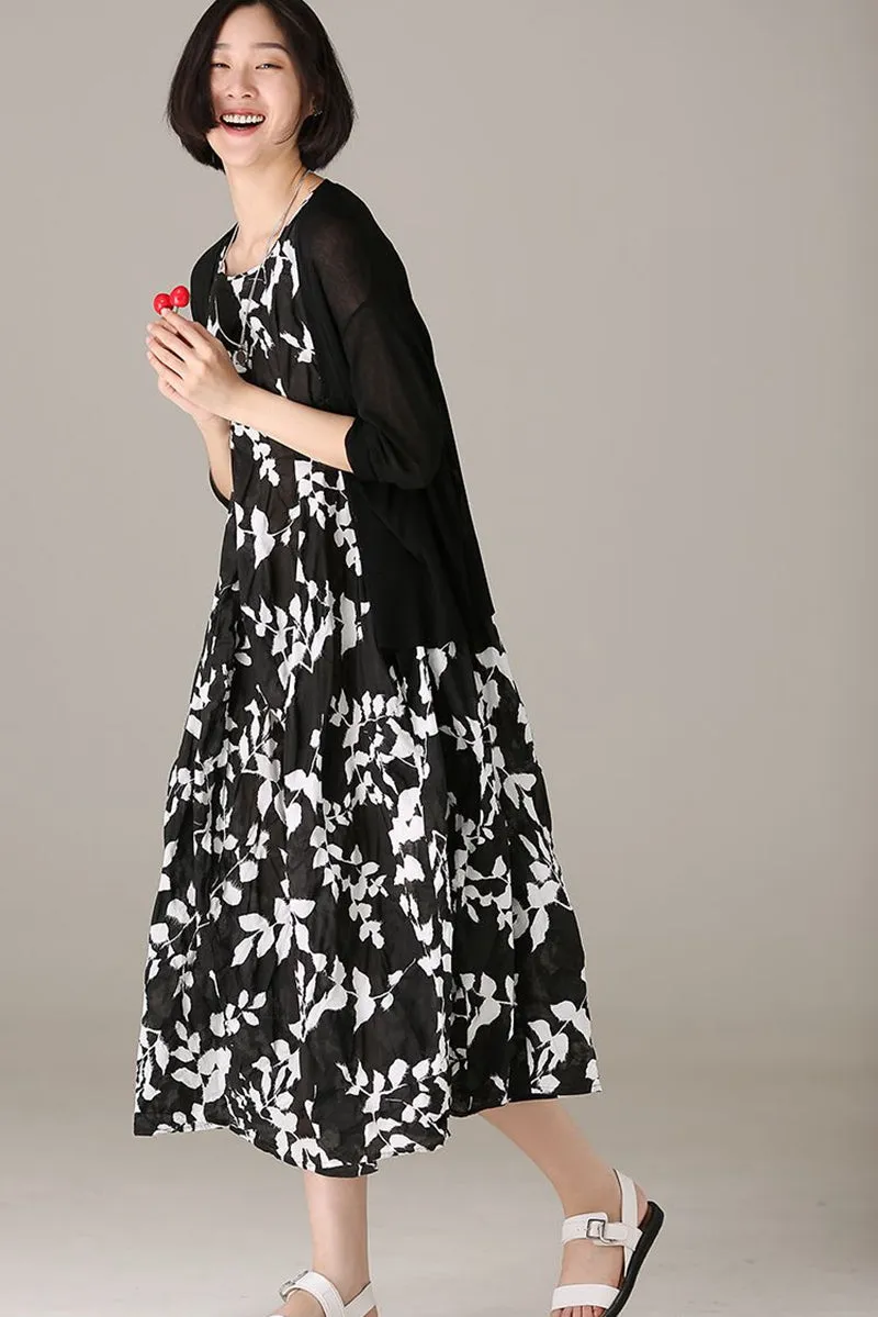 Casual Sleeveless Black Floral Dresses Women Cotton Outfits Q7319