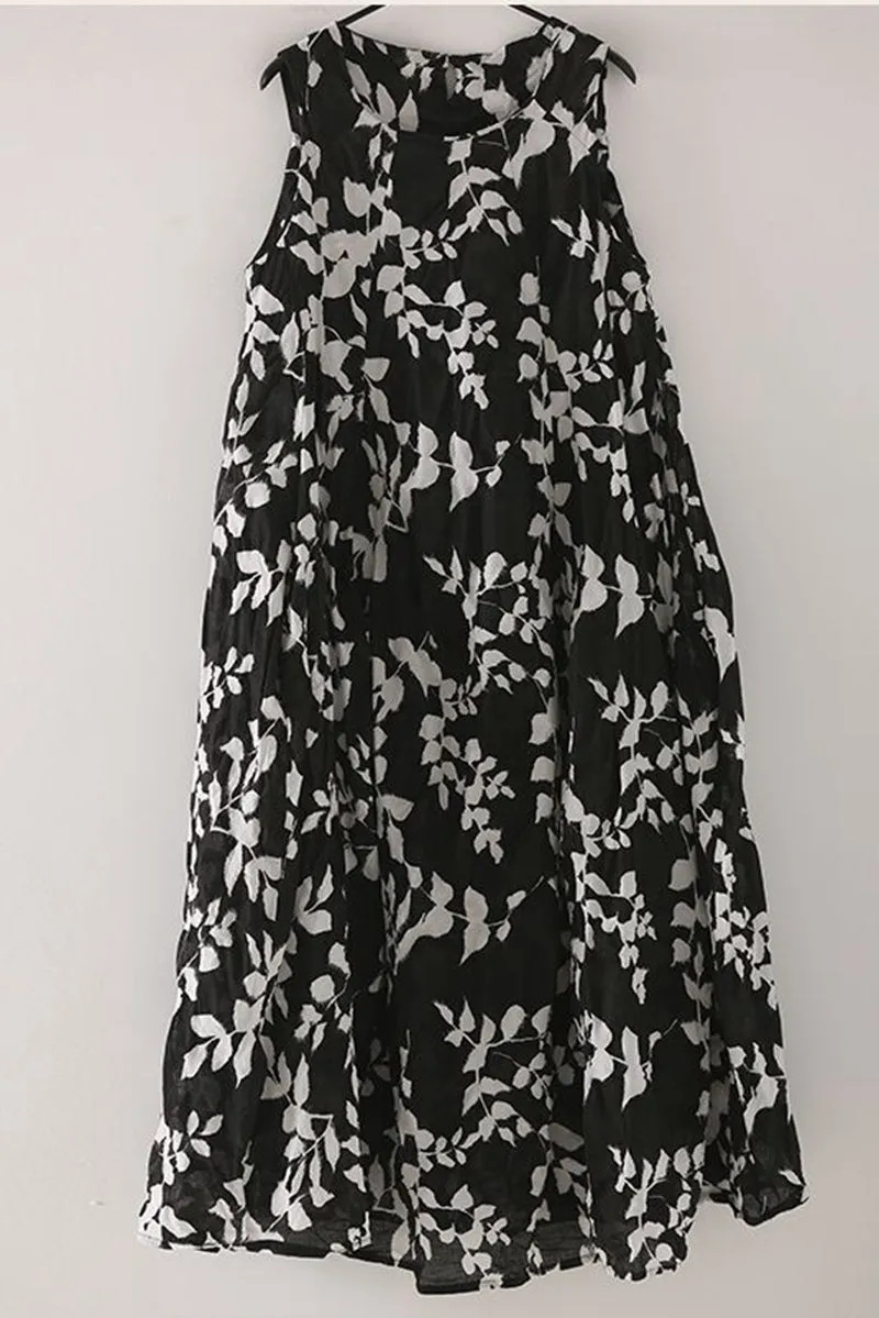 Casual Sleeveless Black Floral Dresses Women Cotton Outfits Q7319