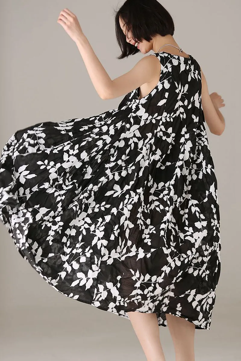 Casual Sleeveless Black Floral Dresses Women Cotton Outfits Q7319
