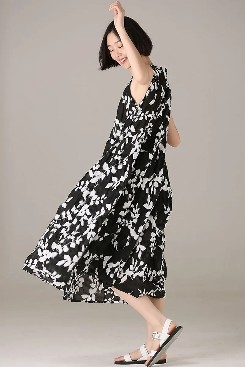 Casual Sleeveless Black Floral Dresses Women Cotton Outfits Q7319