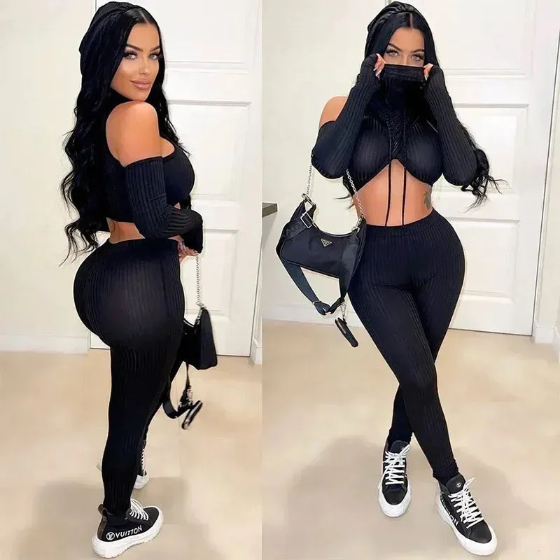 Hooded Ribbed Turtleneck Off-the-Shoulder Long Sleeve Cross Crop Top   High Waist Sweatpants Women's Tracksuit
