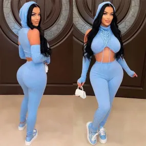 Hooded Ribbed Turtleneck Off-the-Shoulder Long Sleeve Cross Crop Top   High Waist Sweatpants Women's Tracksuit