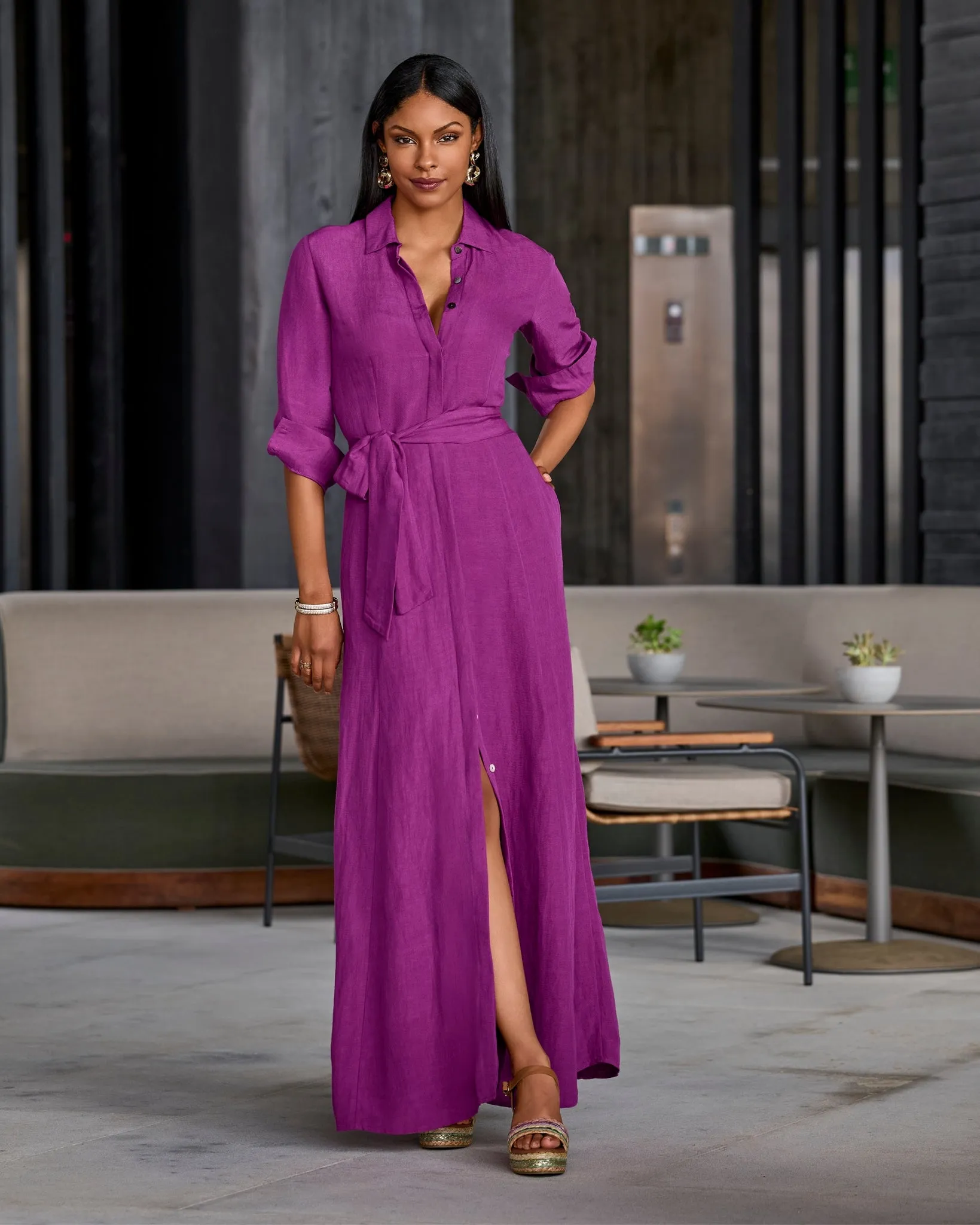 Linen Three Quarter Sleeve Maxi Shirt Dress Hollyhock