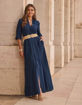Linen Three Quarter Sleeve Maxi Shirt Dress Navy