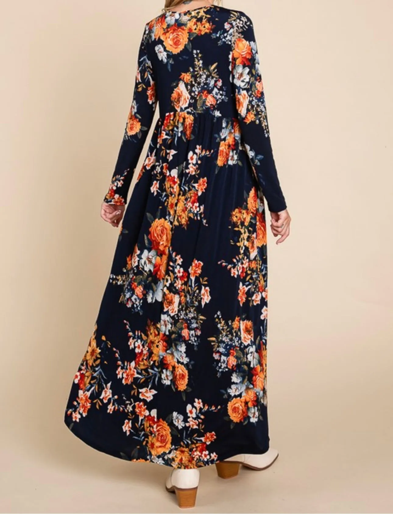 Navy Blue with Rust Floral Empire Waist Long Maxi Dress