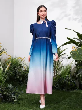 Ombre Puff Sleeve Tie Neck Dress Without Belt