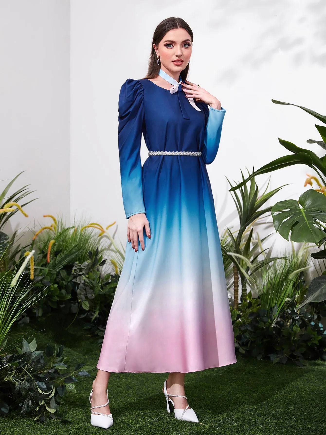 Ombre Puff Sleeve Tie Neck Dress Without Belt