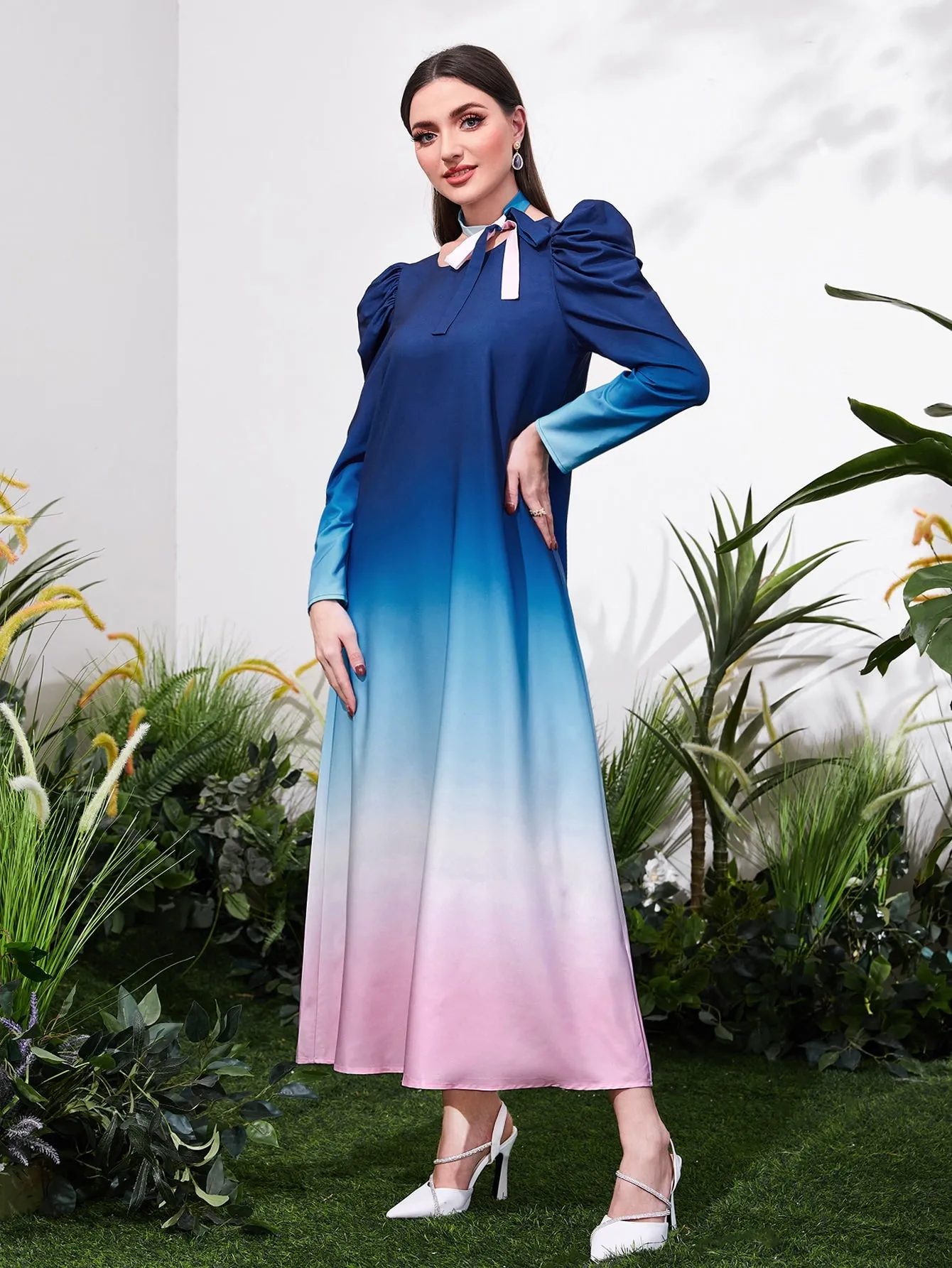 Ombre Puff Sleeve Tie Neck Dress Without Belt