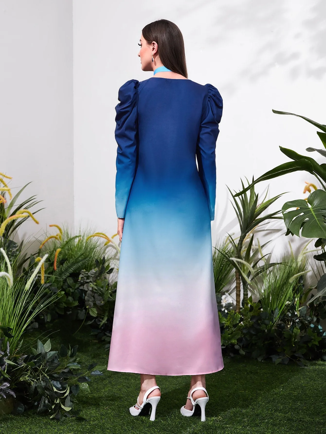 Ombre Puff Sleeve Tie Neck Dress Without Belt