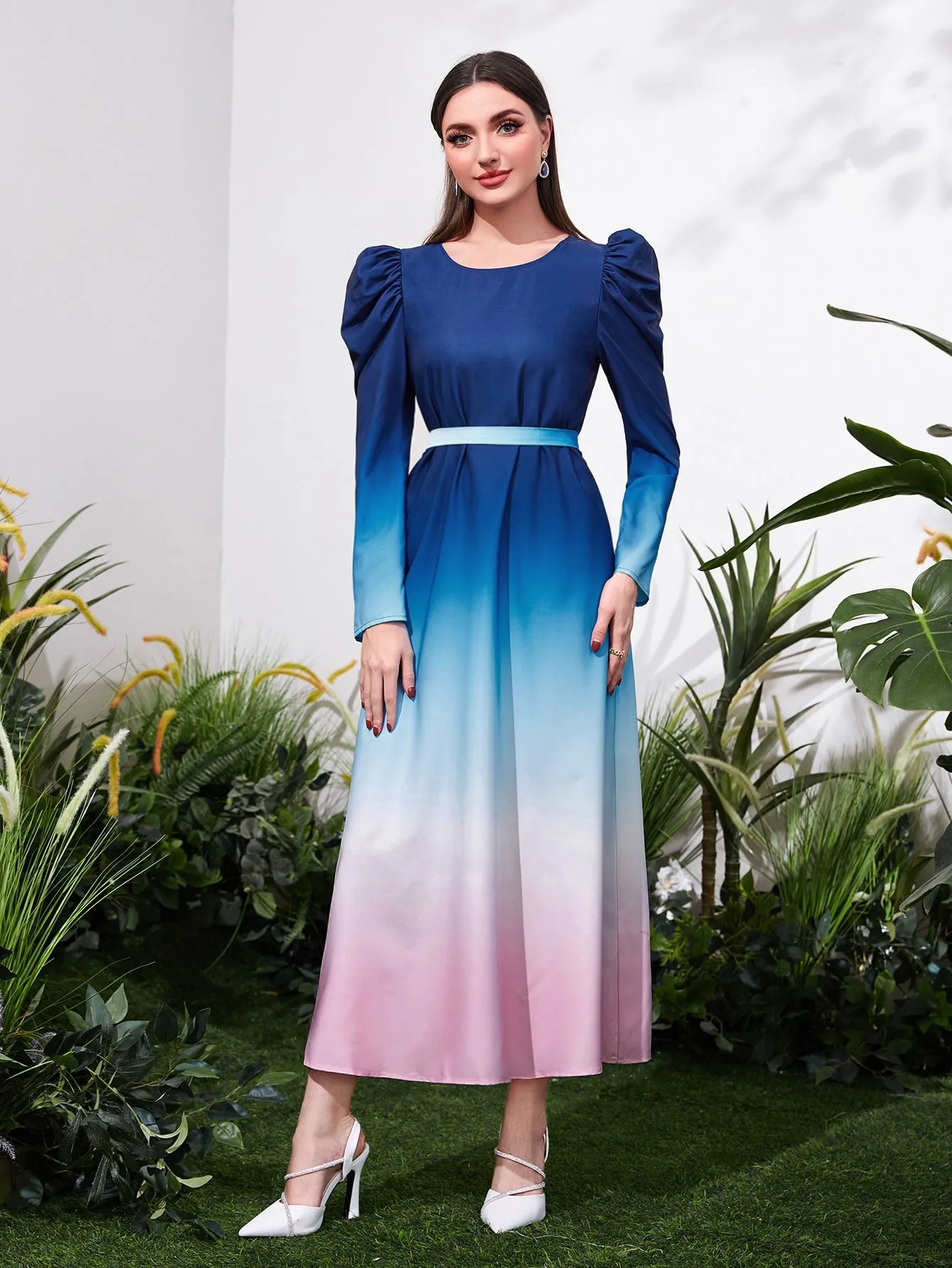 Ombre Puff Sleeve Tie Neck Dress Without Belt