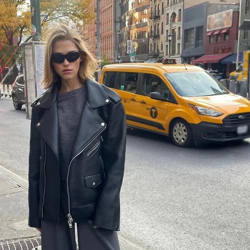 Oversized large fashionista leather ladies biker jacket