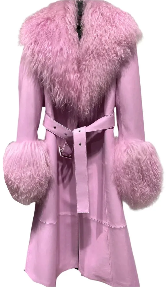 Real Leather long Trench Coat with Sheep Fur Collar