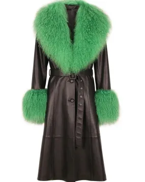 Real Leather long Trench Coat with Sheep Fur Collar