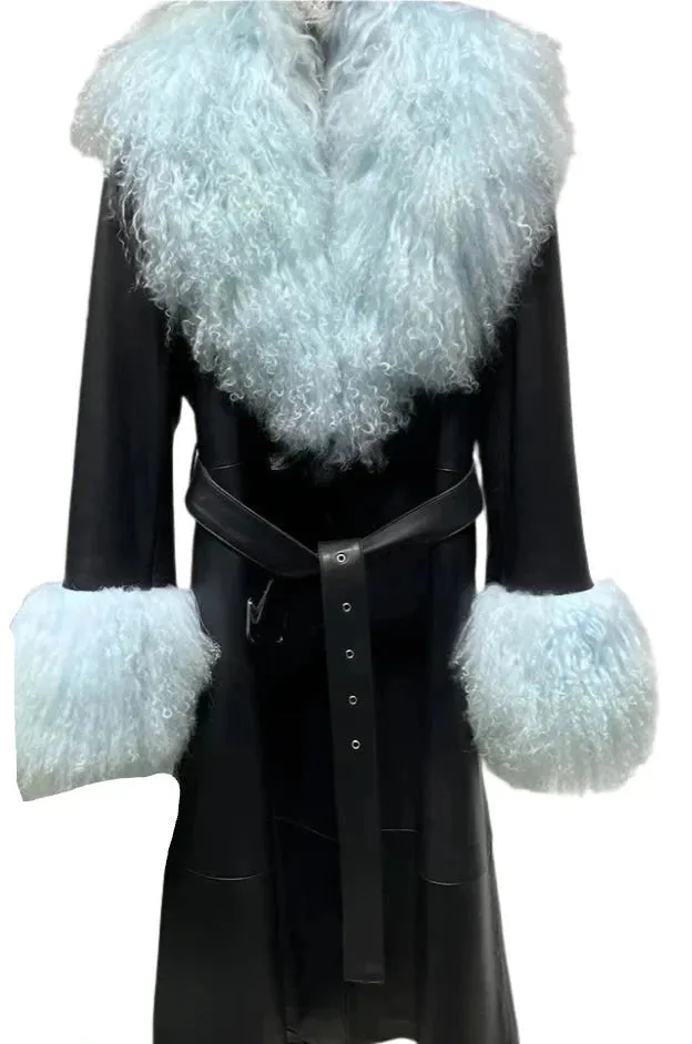 Real Leather long Trench Coat with Sheep Fur Collar