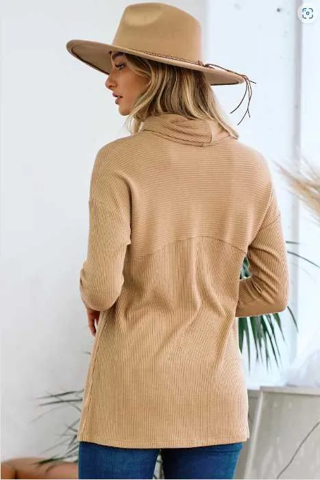 Ribbed Tan Loose Turtleneck Sweater