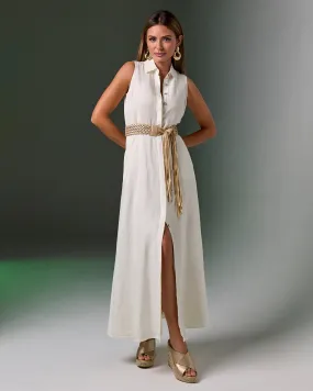 Sleeveless Linen Maxi Shirt Dress Off White