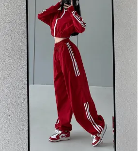 Striped Elastic Waist Red Trouser Suit