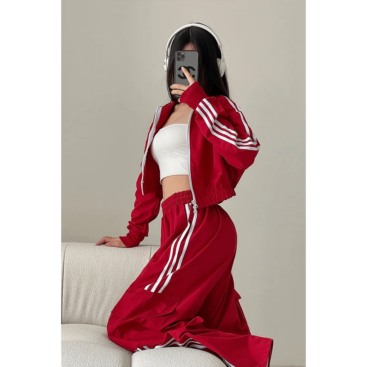 Striped Elastic Waist Red Trouser Suit
