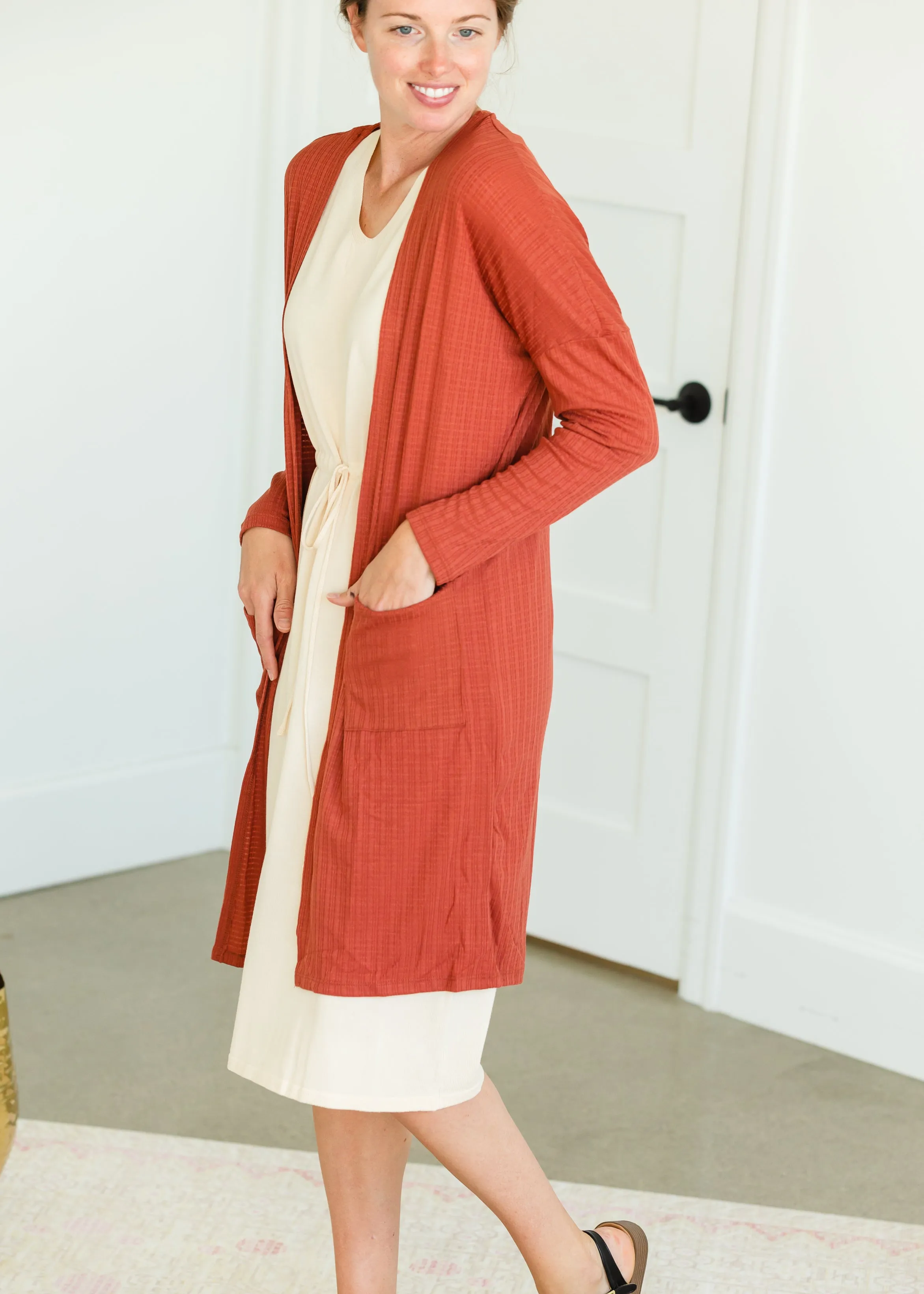 Terracotta Long Dolman Sleeve Rib Knit Cardigan - FINAL SALE