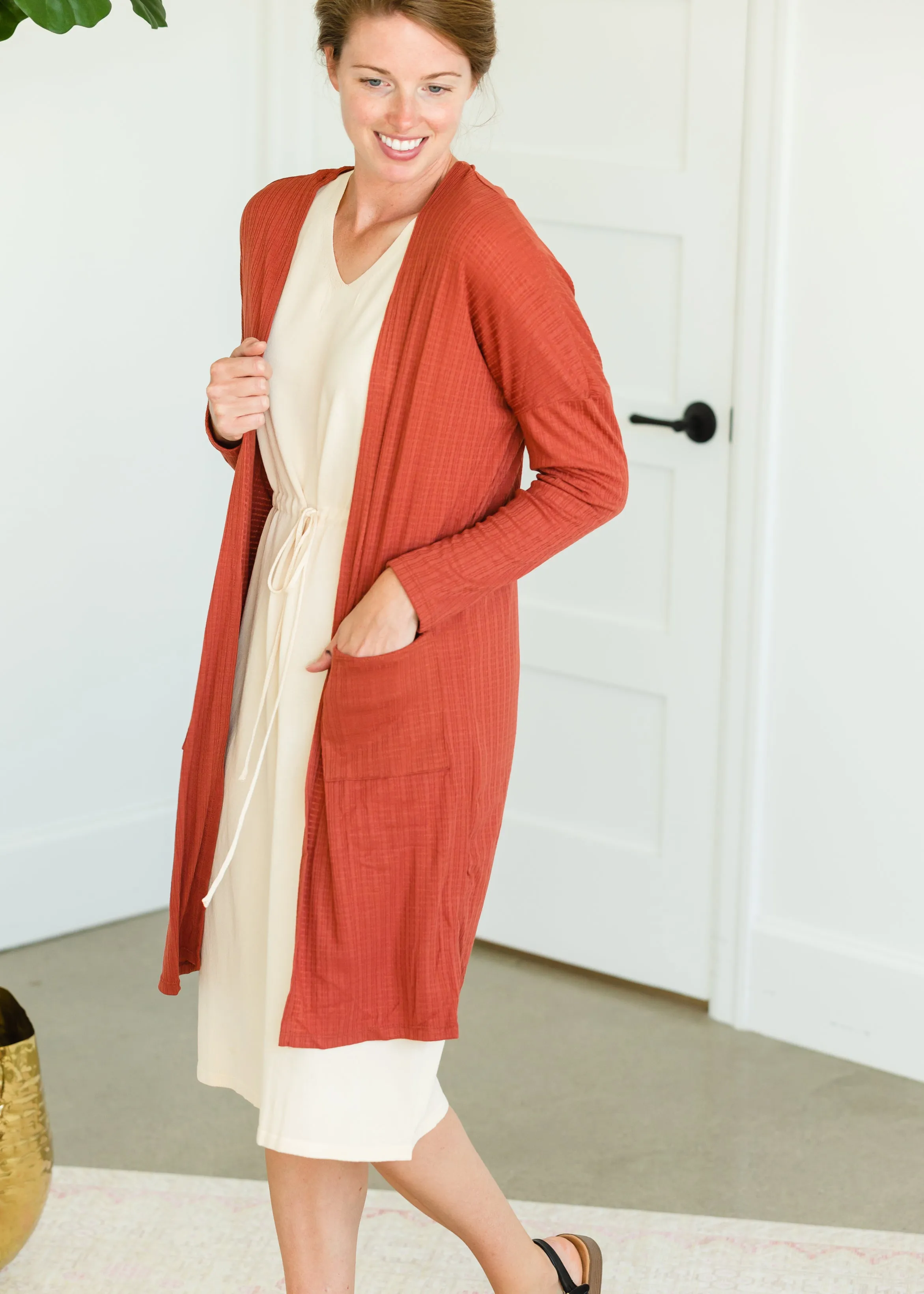 Terracotta Long Dolman Sleeve Rib Knit Cardigan - FINAL SALE