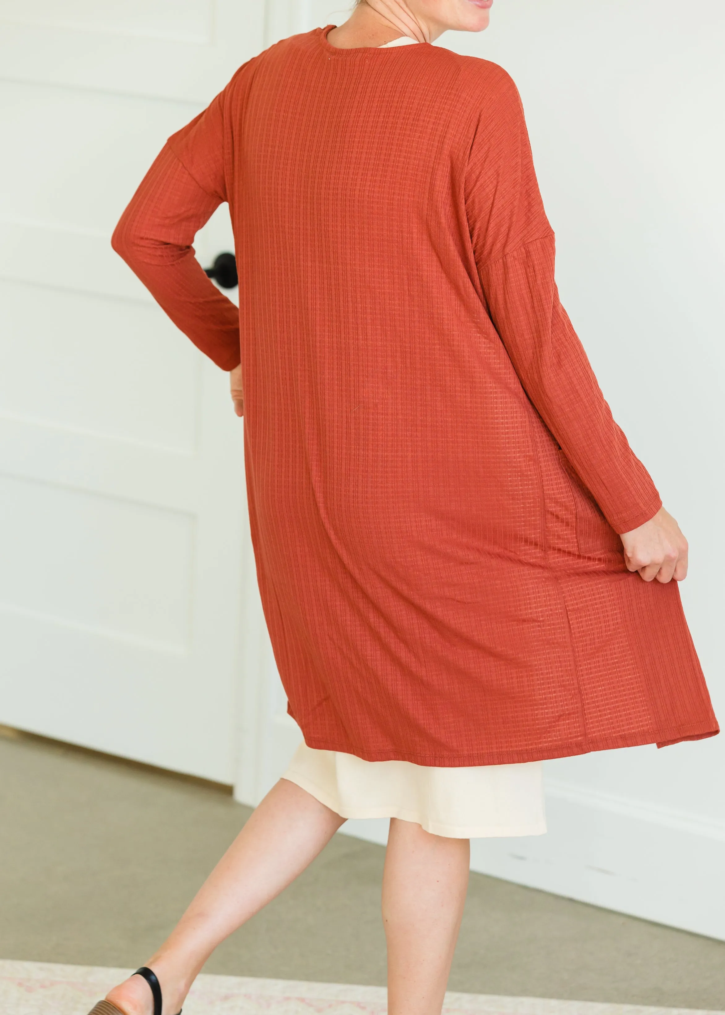 Terracotta Long Dolman Sleeve Rib Knit Cardigan - FINAL SALE