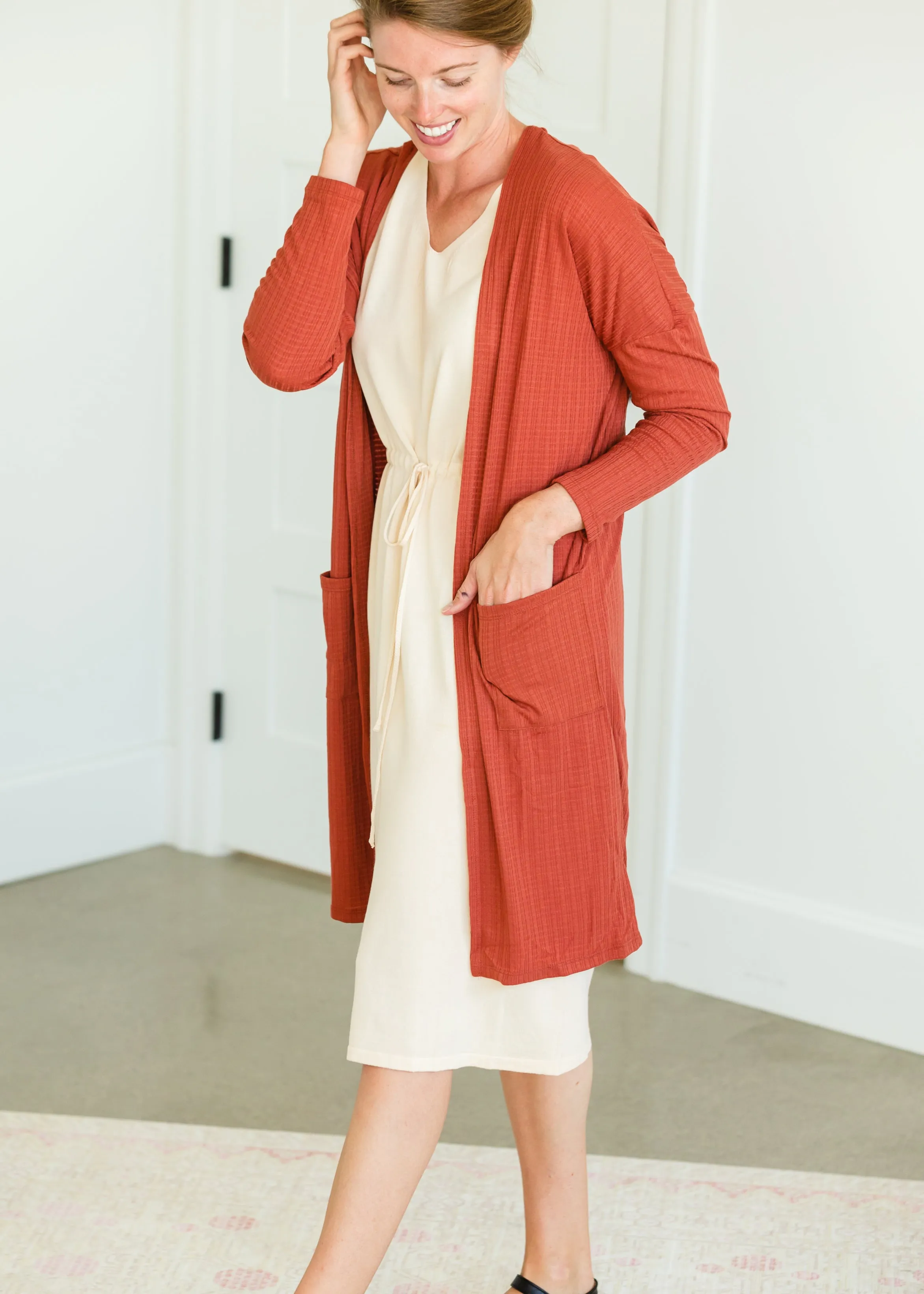 Terracotta Long Dolman Sleeve Rib Knit Cardigan - FINAL SALE