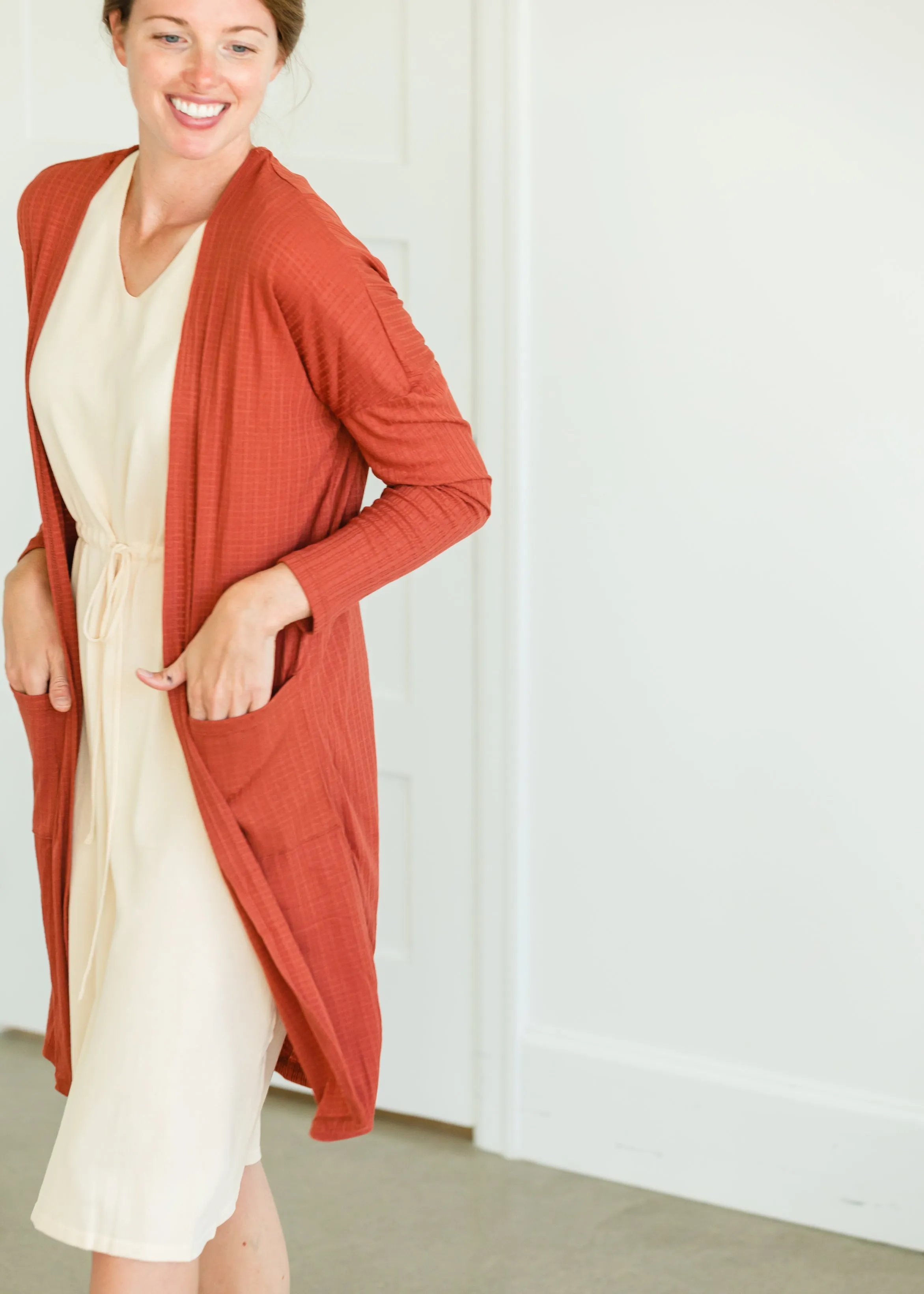 Terracotta Long Dolman Sleeve Rib Knit Cardigan - FINAL SALE
