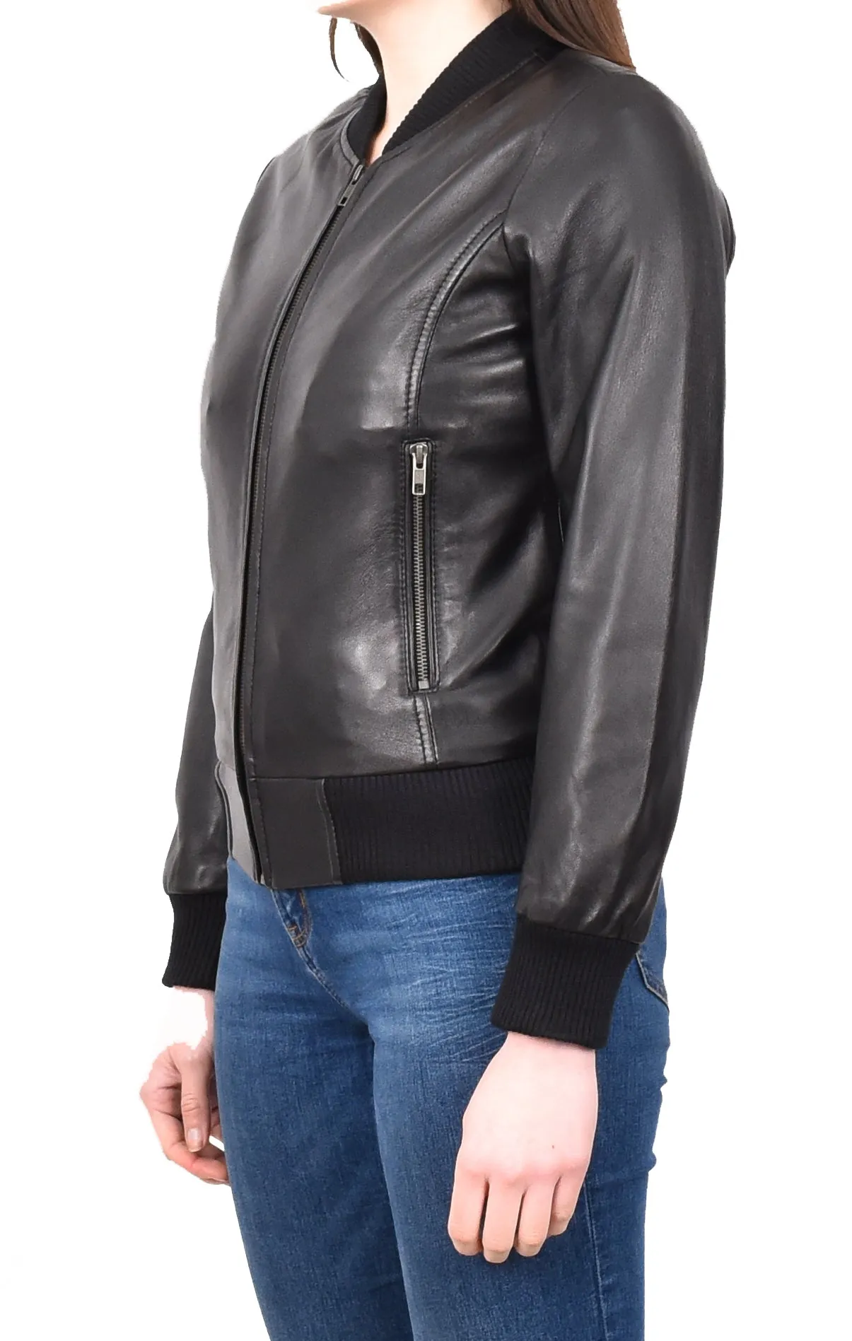 Women's Real Leather Retro 70s 80s Bomber Jacket Black Moxie