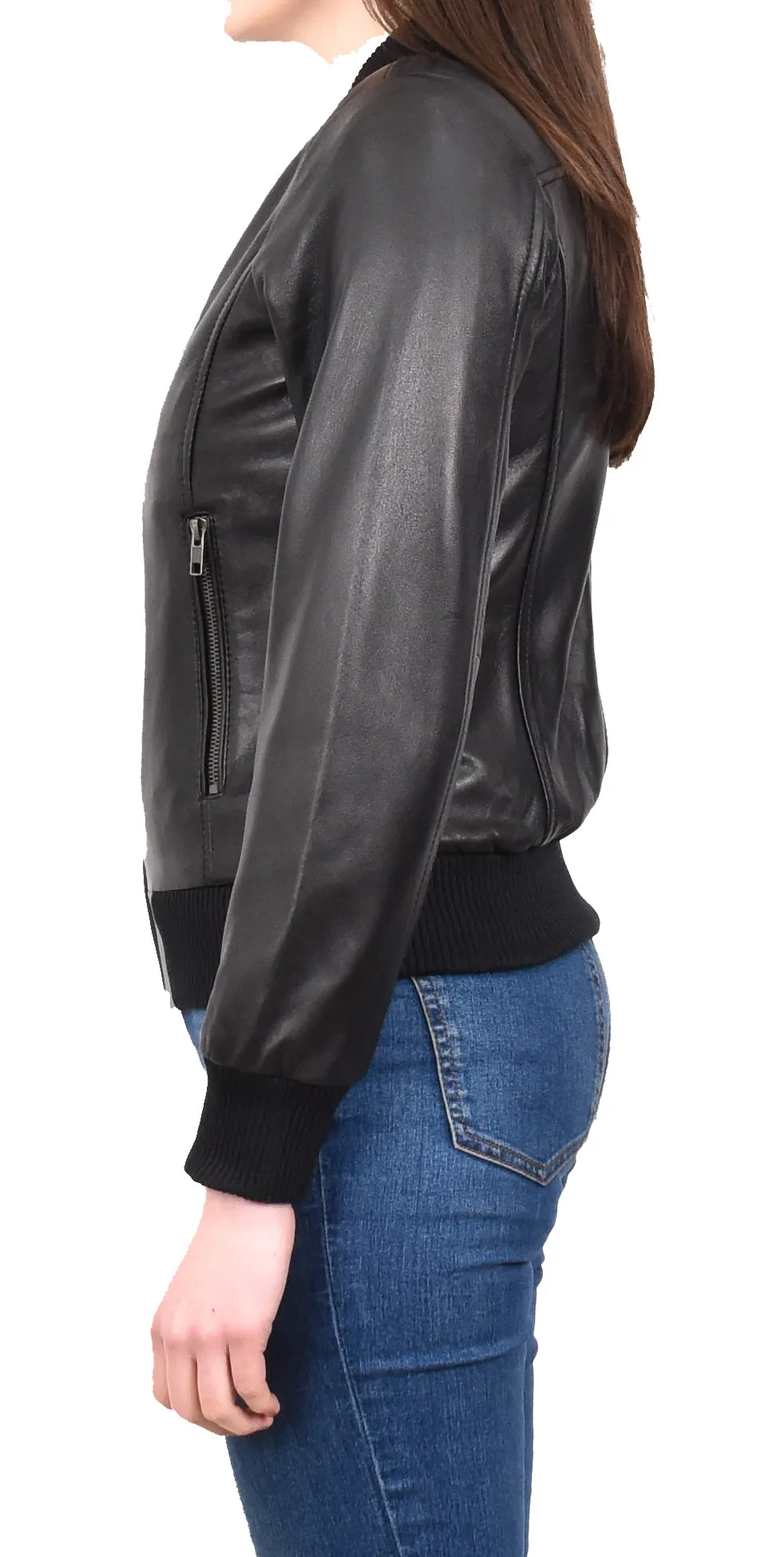 Women's Real Leather Retro 70s 80s Bomber Jacket Black Moxie