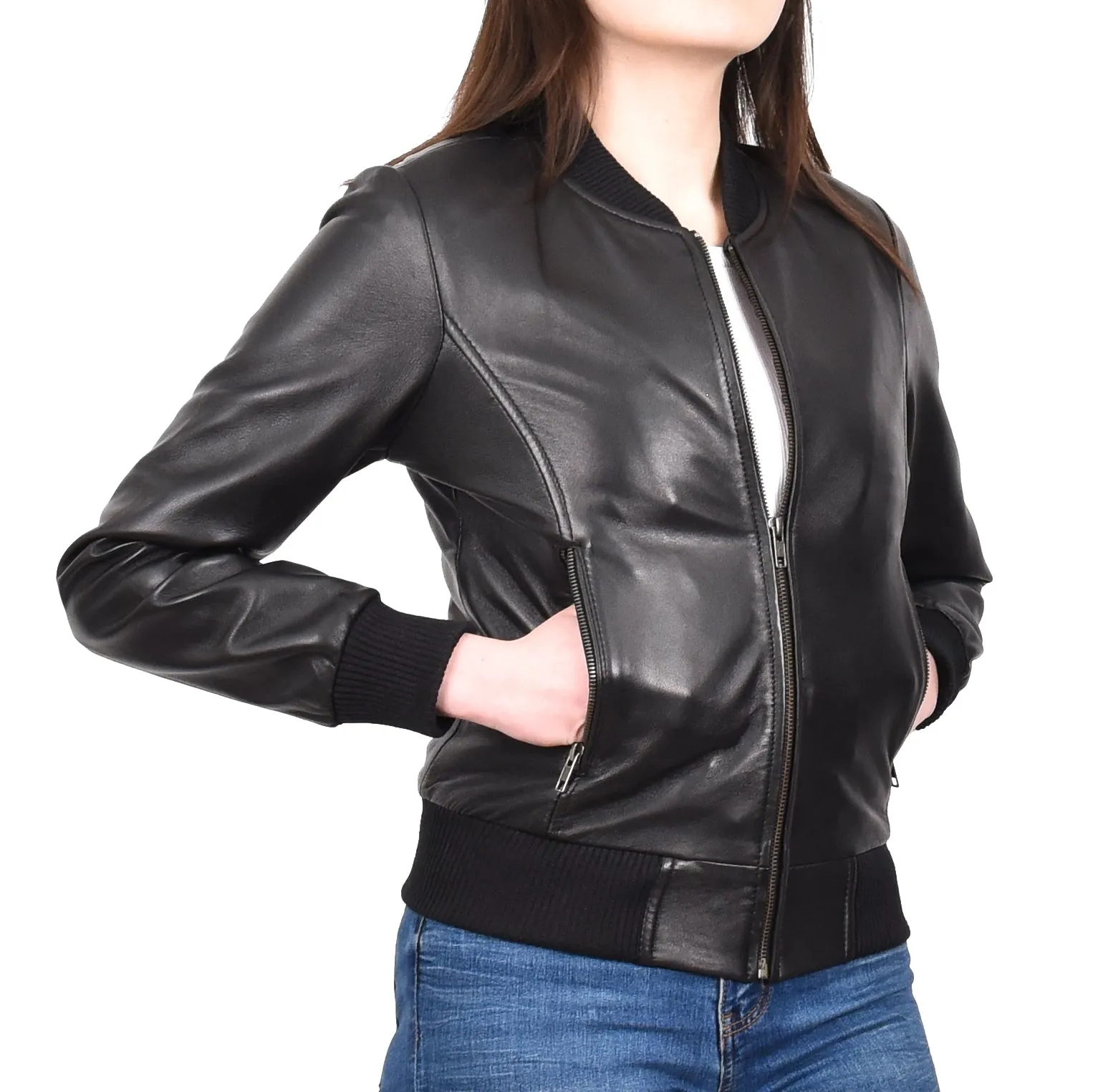 Women's Real Leather Retro 70s 80s Bomber Jacket Black Moxie
