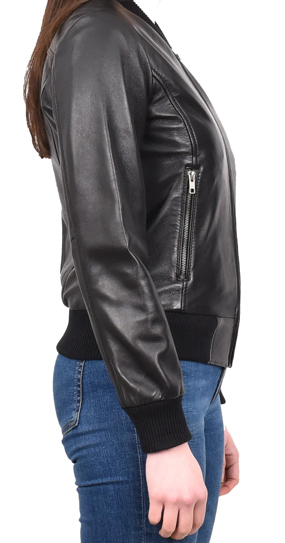 Women's Real Leather Retro 70s 80s Bomber Jacket Black Moxie