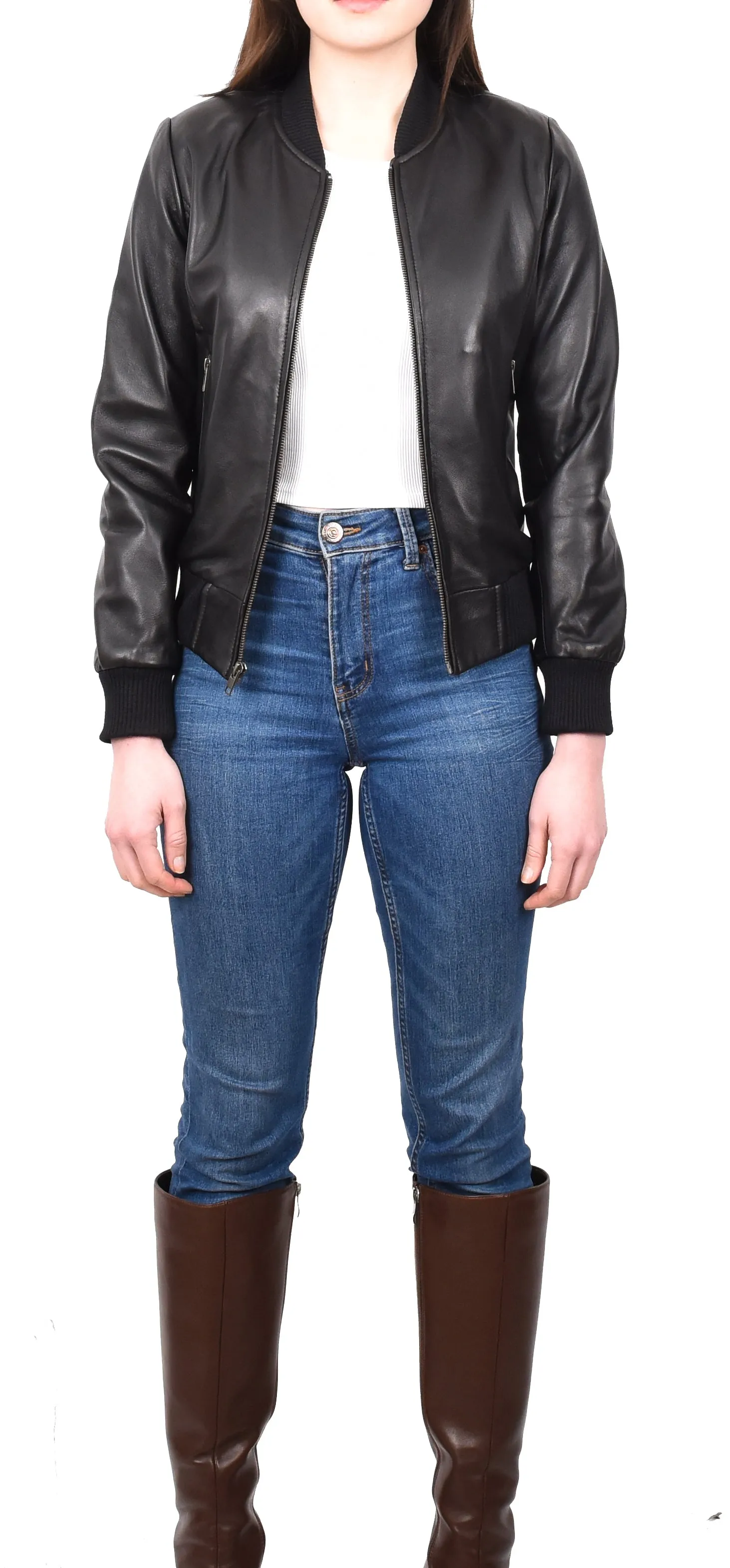 Women's Real Leather Retro 70s 80s Bomber Jacket Black Moxie