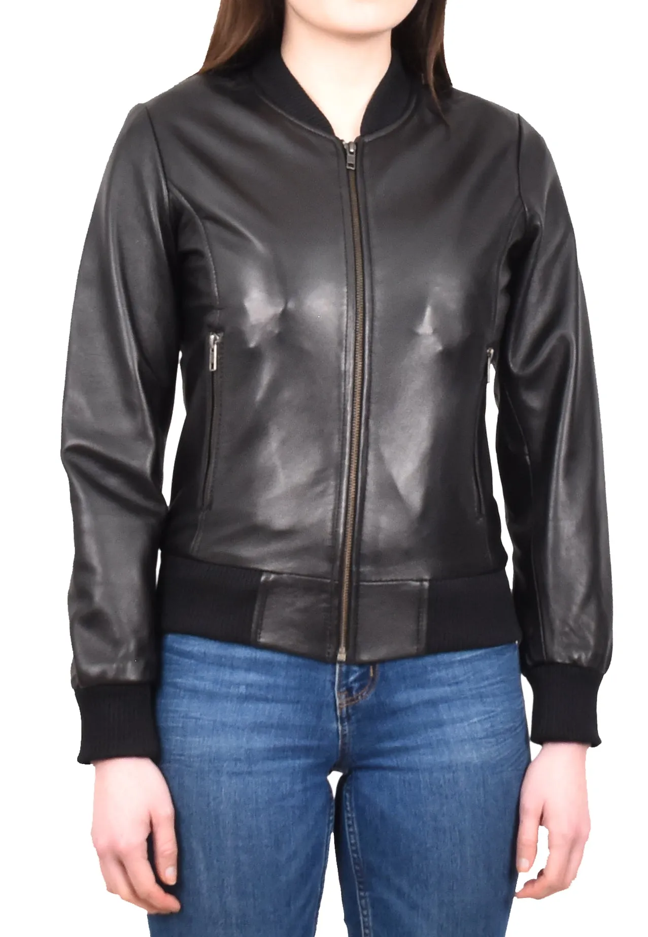 Women's Real Leather Retro 70s 80s Bomber Jacket Black Moxie