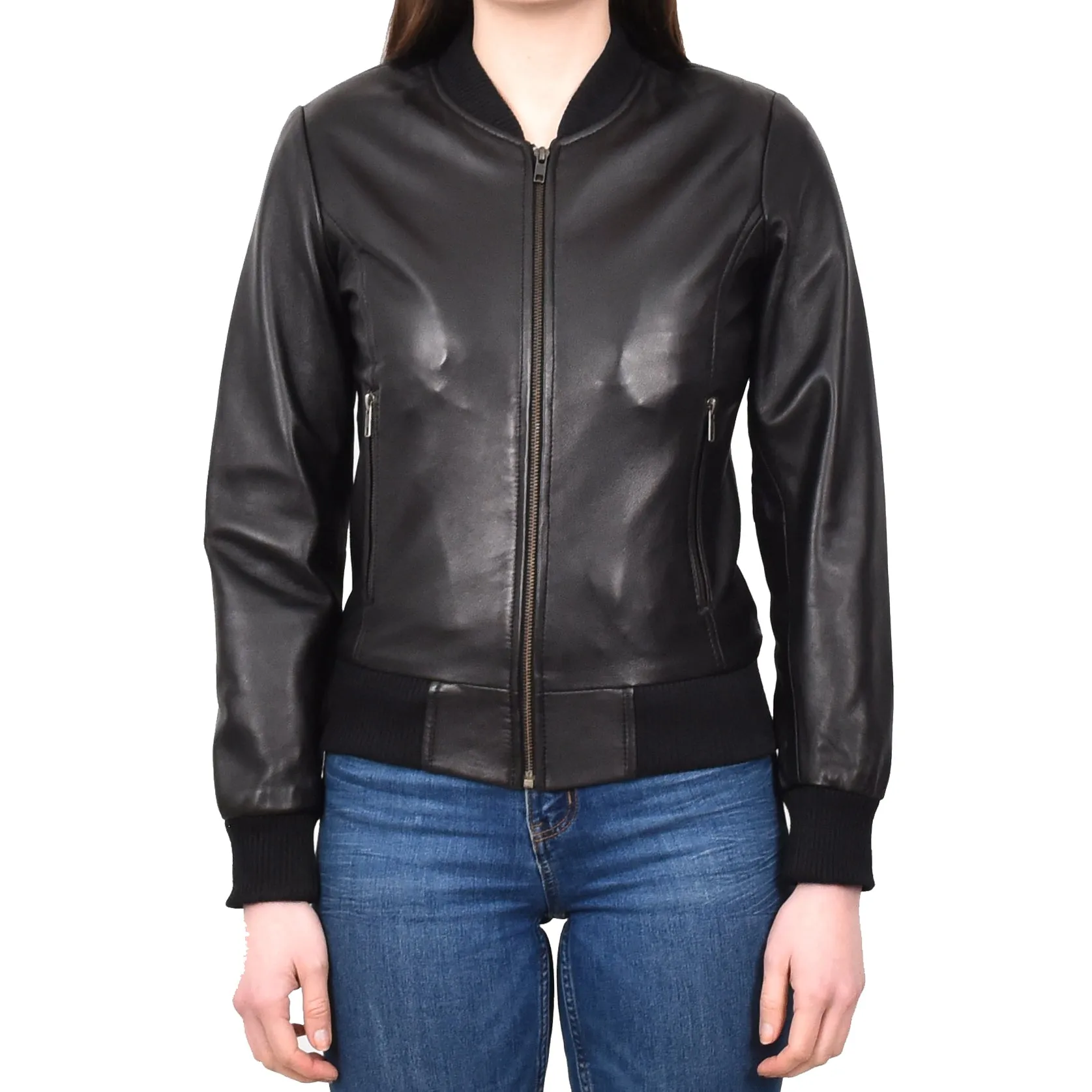 Women's Real Leather Retro 70s 80s Bomber Jacket Black Moxie