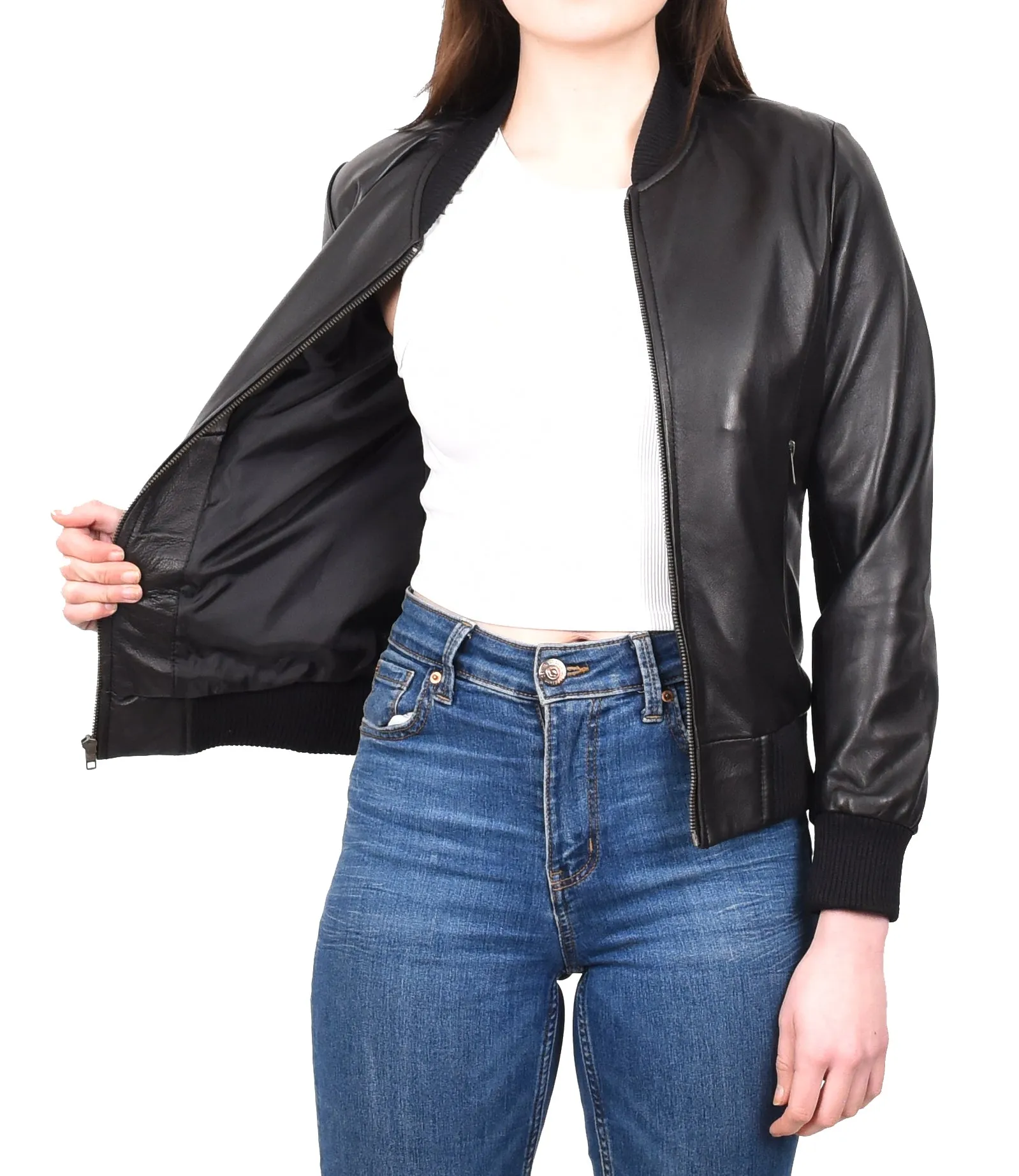 Women's Real Leather Retro 70s 80s Bomber Jacket Black Moxie