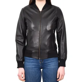 Women's Real Leather Retro 70s 80s Bomber Jacket Black Moxie