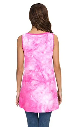 Women's Rose & Red Tie-Dyed Summer Sleeveless V-Neck T-Shirt Tunic Top, Sizes to 4XL
