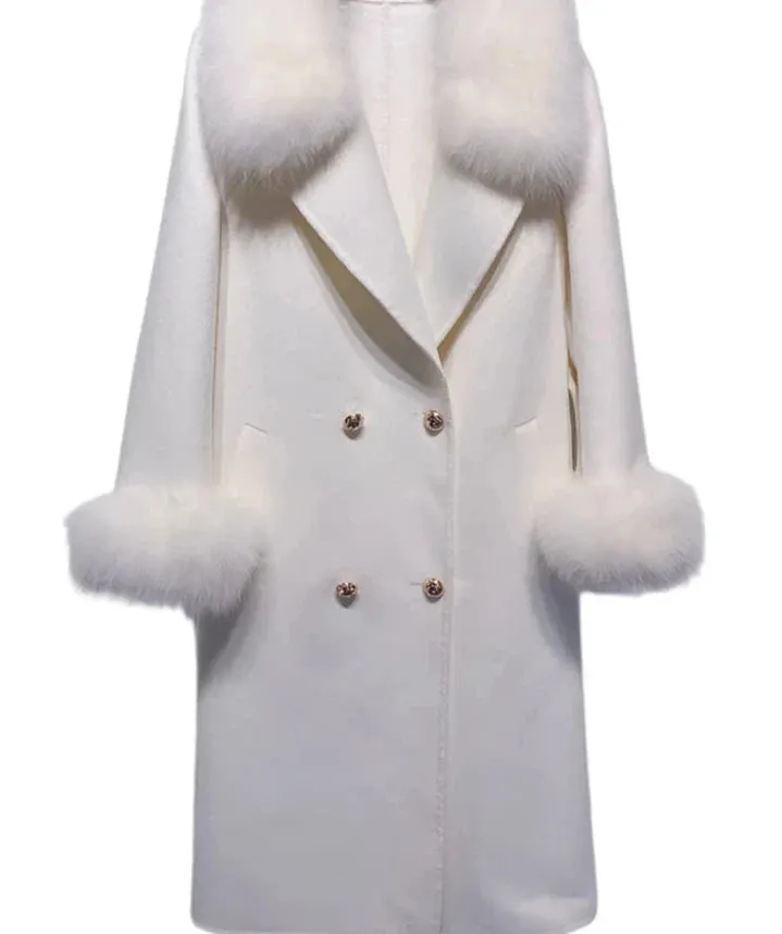 Woolen trench Coat with Fox Fur Collar