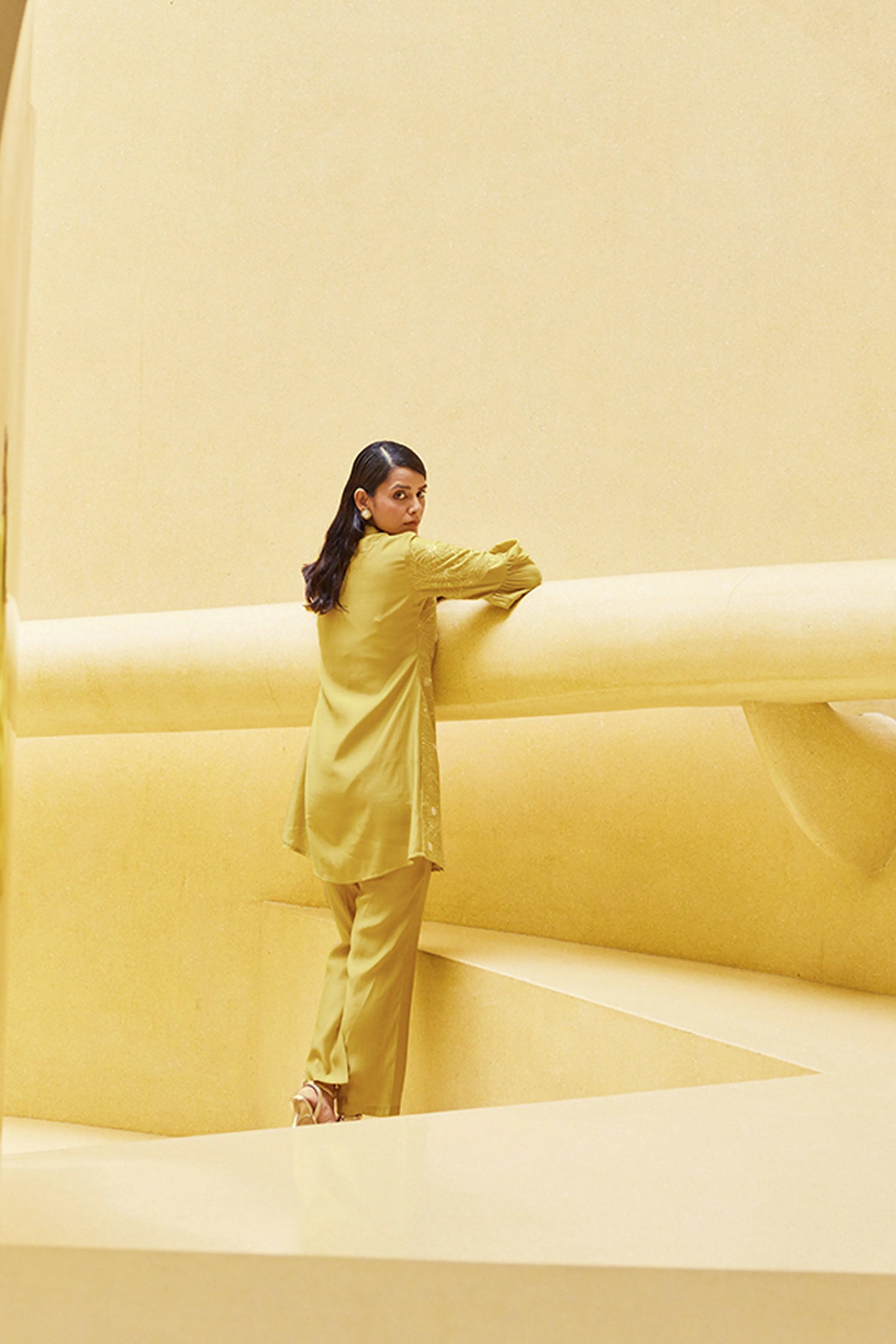 Yellow Embroidered Viscose Tunic With Flared Pant