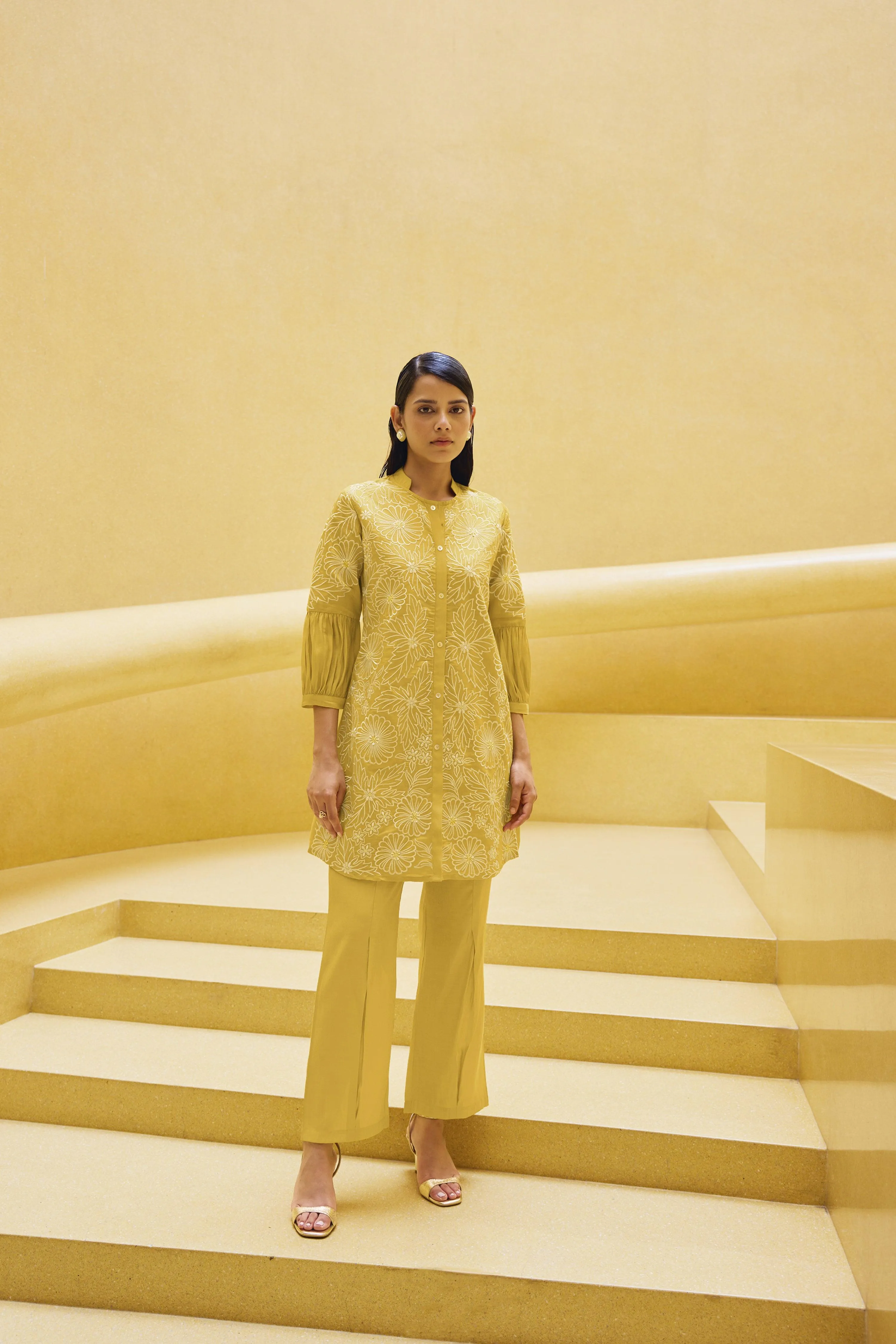 Yellow Embroidered Viscose Tunic With Flared Pant