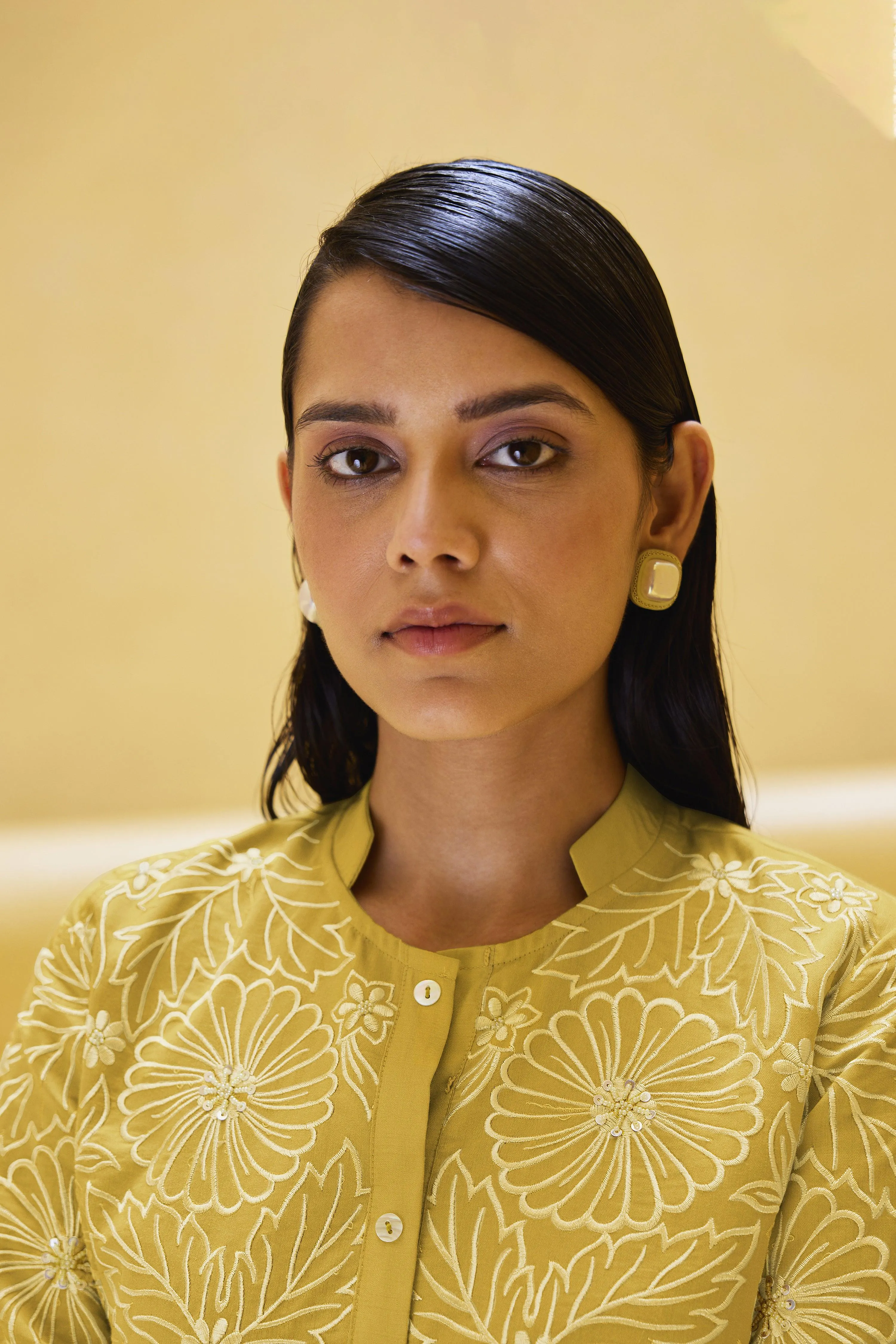 Yellow Embroidered Viscose Tunic With Flared Pant